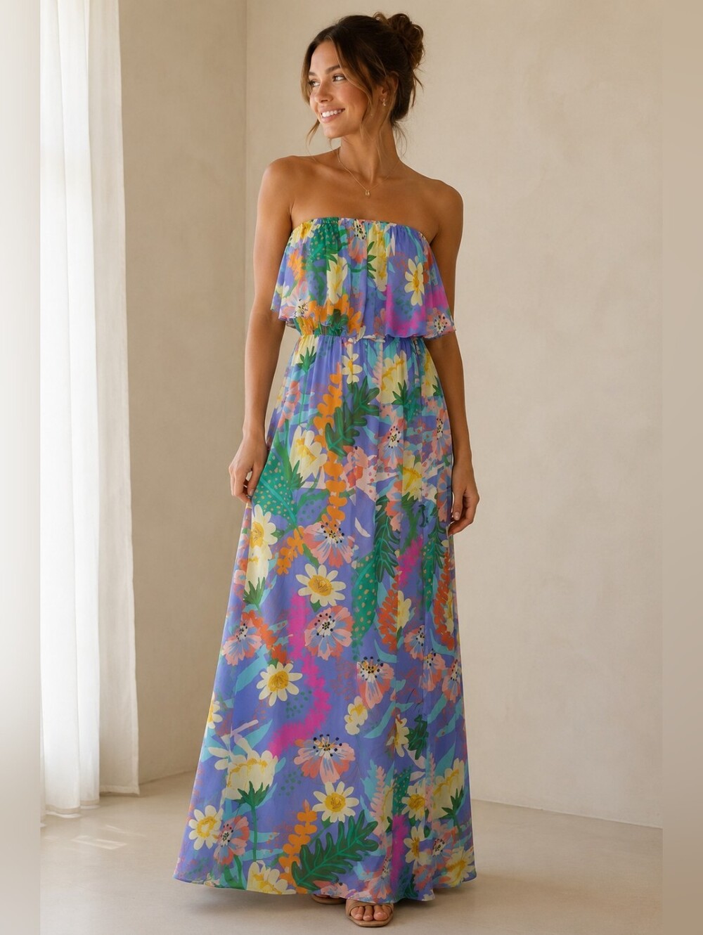 Entro Floral Strapless Dress in Periwinkle